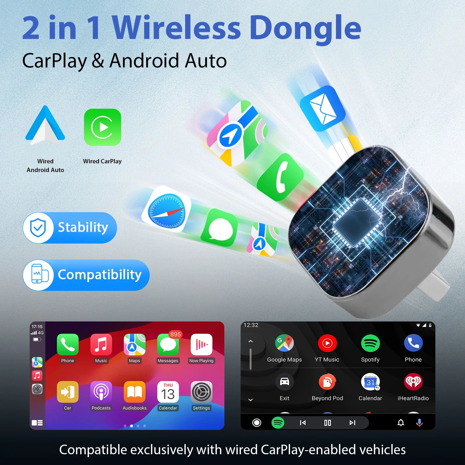 New  2 in 1 Wireless Carplay Adapter&Android Auto Wireless Adapter, 5Ghz Wifi Type-C/Usb Plug Play Carplay Wireless